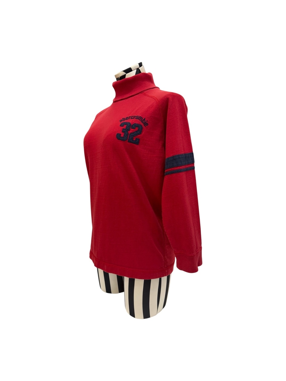 Abercrombie & Fitch Red Mock Neck Preppy Sweatshirt w/ Navy Blue Stripes